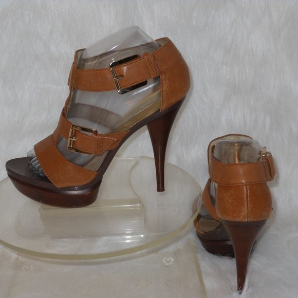 MICHAEL KORS TAN LEATHER STRAPPY HIGH HEEL SANDALS SIZE 8 MEDIUM - Picture 5 of 7